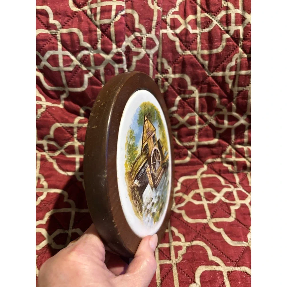Amana Hand Made Furniture Wood Ceramic Water Mill Wall Plaque Round 7.5in